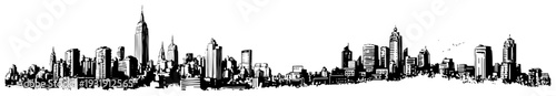 Panoramic hand drawn ink sketch of a modern city skyline with skyscrapers