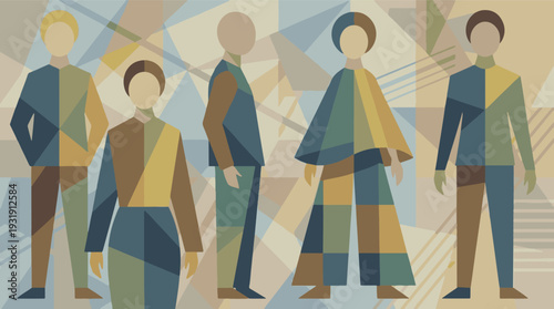 Human Figures in Abstract Geometric Style with Muted Colors and Patterns