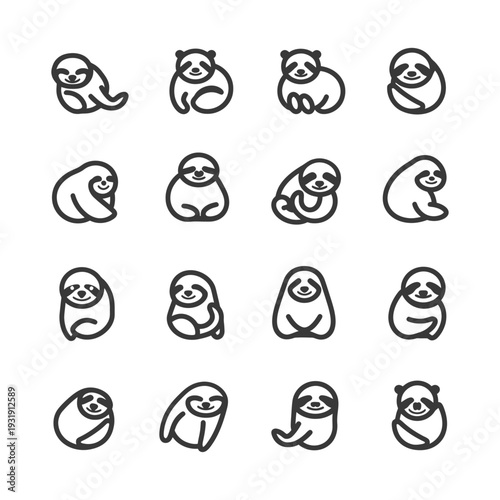 Sixteen Line Art Drawings of Cute Sloths in Various Poses