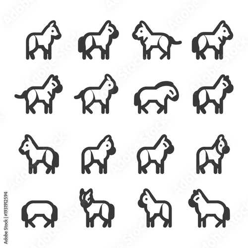 Sixteen Line Art Illustrations of Horses and Donkeys in Various Poses