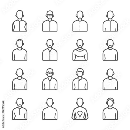 Sixteen Line Art Icons Depicting Different Male Personalities
