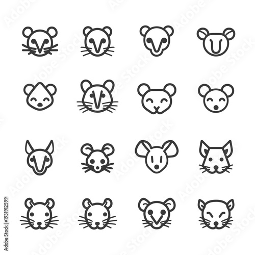 Sixteen Line Art Mouse Faces with Variations in Expression and Ear Shapes