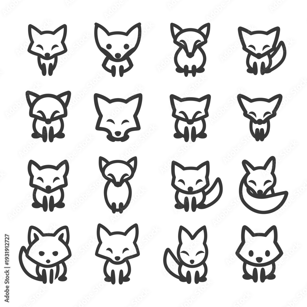 Fototapeta premium Sixteen Simple Black and White Fox Line Art Icons