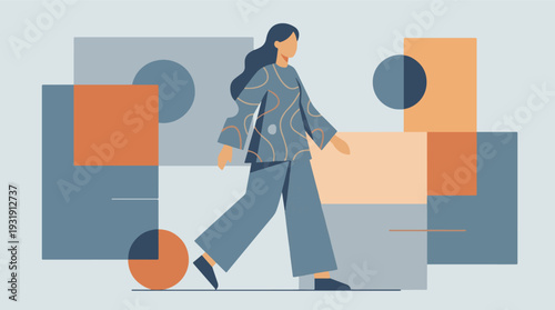 Abstract geometric illustration of a woman walking with confidence