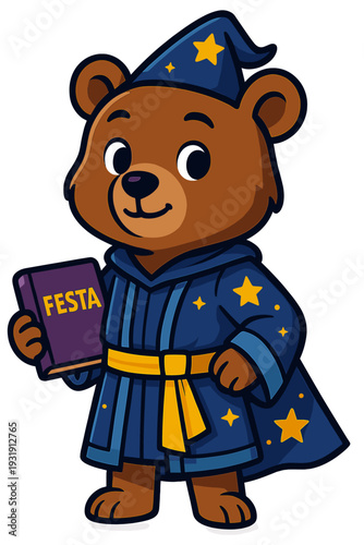 Cute bear character dressed as a wizard holding a book about festival celebrations