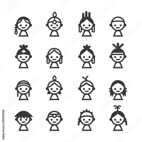 Sixteen Smiling Cartoon People with Different Hairstyles and Headwear