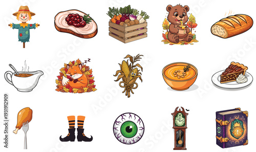 Charming Collection of Autumn Harvest and Spooky Halloween Cartoon Illustrations for Seasonal Celebrations