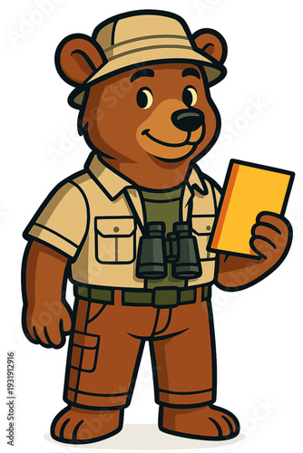 Cute bear character dressed as a park ranger holds a map while posing outdoors in a sunny environment
