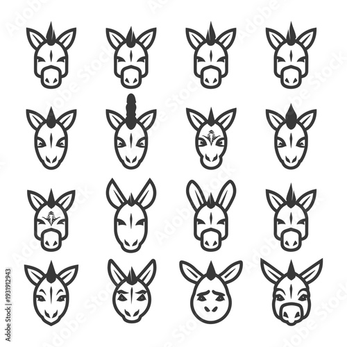 Sixteen Stylized Black and White Donkey Faces with Various Expressions