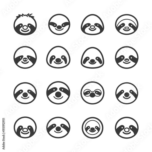 Sixteen Variations of Cartoon Sloth Faces in Black and White