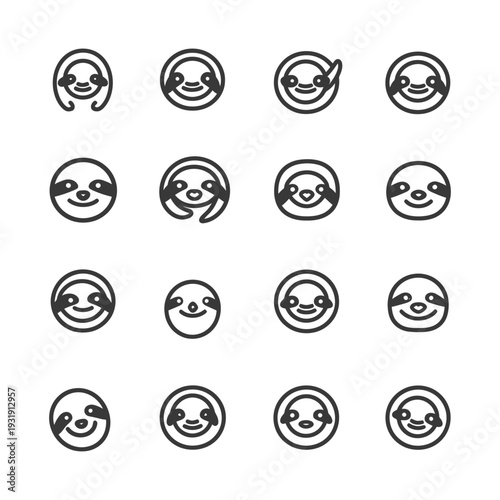 Sixteen variations of a smiling sloth face icon in black and white.