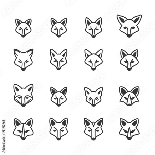 Sixteen Variations of Fox Head Icons in Black and White
