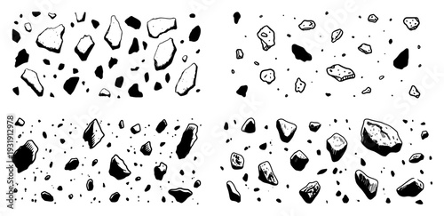 Set of hand drawn ink sketches showing various scattered stones and rock fragments