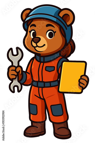 Cute bear mechanic holding a wrench and a clipboard in bright orange work uniform during a cheerful day