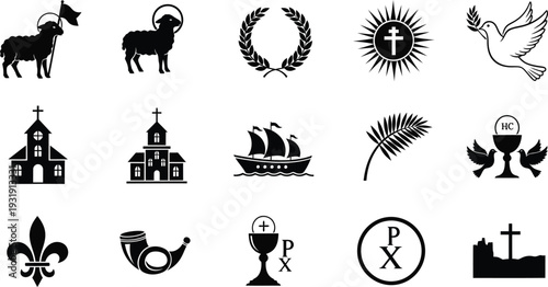 Vector icons of various religious and symbolic elements isolated on transparent background