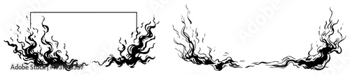 Black ink fire flames and smoke swirls decorative frame elements