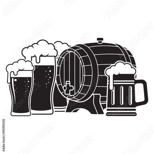 Black and white illustration of beer barrel with tap surrounded by frothy beer glasses and mug, traditional brewing and pub culture vector design