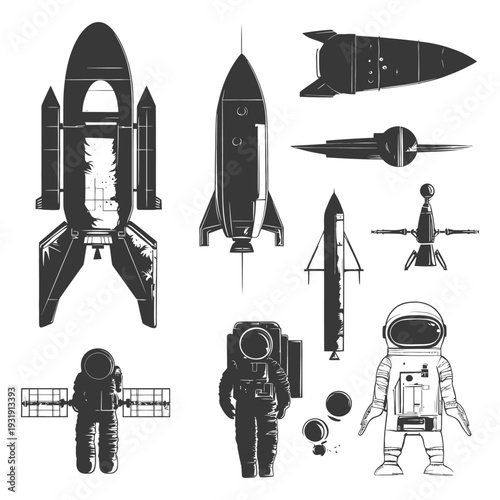 Spacecraft, Rockets, and Astronauts in Silhouette