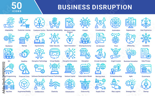 Business Disruption icon set illustrating digital transformation,disruptive innovation,startups,fintech,automation,data-driven strategy,and modern business challenges in the digital economy.