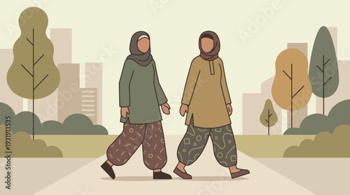 Minimalist illustration of two Muslim women in hijabs walking outdoors