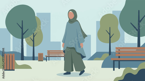 Minimalist illustration of a woman in a hijab walking in a city park