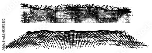 Detailed hand drawn ink sketch of burlap fabric texture in flat and perspective view