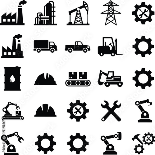 Industrial and manufacturing icons, factory, oil pump jack, transmission tower, delivery truck, forklift, conveyor belt, robotic arm, safety helmet illustration