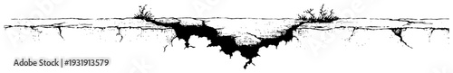Horizontal vintage ink drawing of a deep ground crack and dry earth fissure