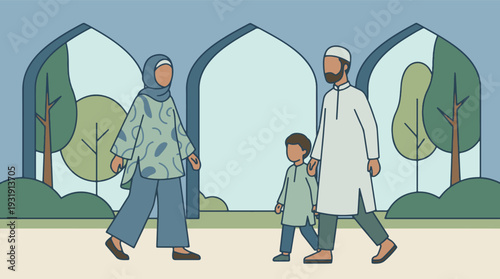 Muslim family walking together outdoors with stylized Islamic architecture