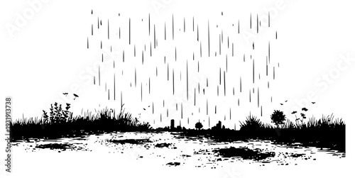 Artistic ink sketch of a rainy landscape with a field and falling raindrops