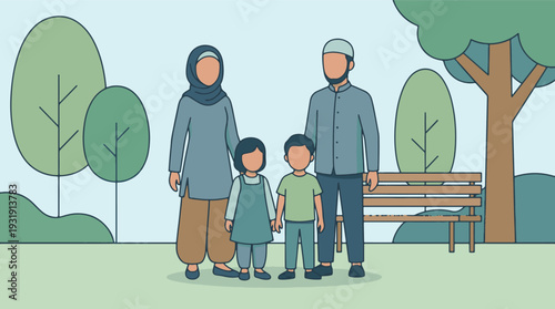 Happy Muslim Family of Four Standing Together in a Green Park Illustration