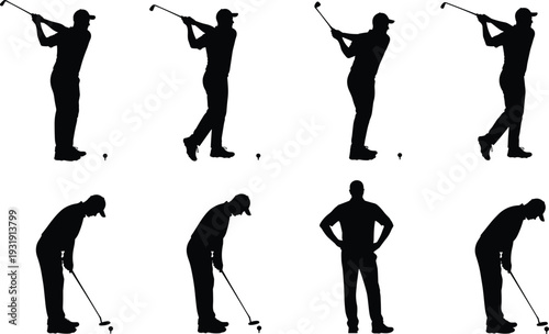 Golf player silhouettes set featuring swing, putting and standing poses isolated for sports design, training graphics and golf illustration