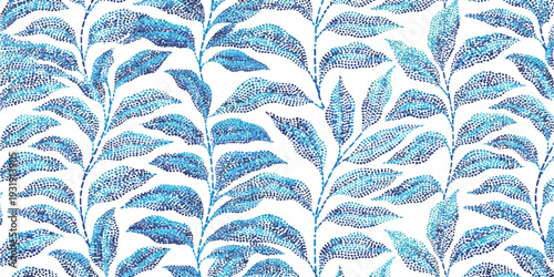 Seamless pattern with blue textured foliage branches and tropical botanical leaves for textile wallpaper vector illustration