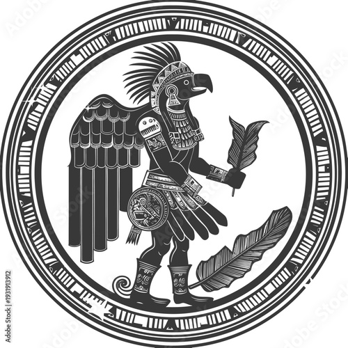 Stylized Black and White Image of a Bird-like Creature with a Feather and Geometric Border