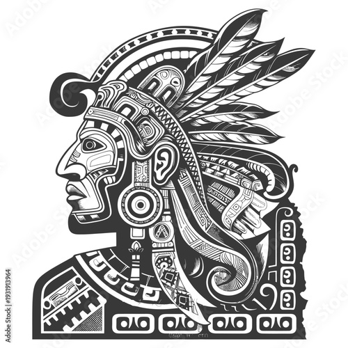 Stylized Black and White Profile of an Aztec Warrior with Feathers
