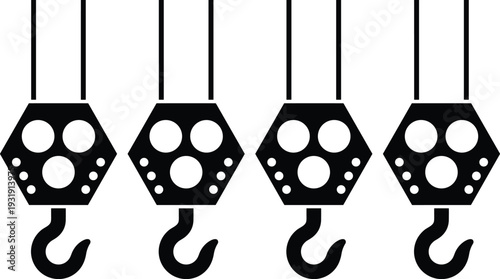 Industrial crane hook silhouettes set with pulley block icons isolated on white background for construction and lifting equipment design