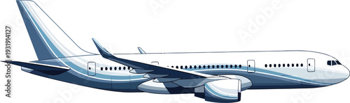Sleek modern passenger jet airplane with blue and white wave like livery design detailed graphic illustration in side profile isolated on a clean white background