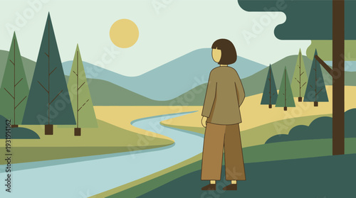 Minimalist vector illustration of a person observing a serene natural landscape