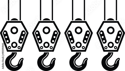 Crane hook pulley block silhouettes isolated on white background for industrial lifting equipment, construction rigging and heavy load design