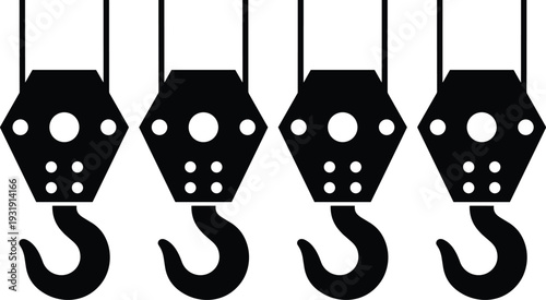 Overhead crane hook and pulley block silhouettes isolated for industrial lifting equipment, construction rigging and heavy load applications