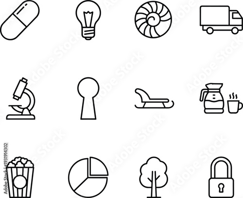 Multi-theme everyday object icons, capsule pill, light bulb, nautilus shell, delivery truck, microscope, coffee pot, popcorn, tree, padlock illustration