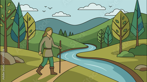 Minimalist illustration of a person walking along a river path in nature