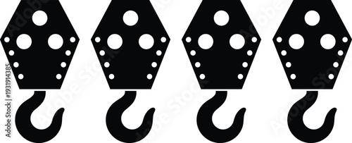 Industrial crane hook block silhouettes isolated on white background for lifting equipment, rigging systems and construction machinery design