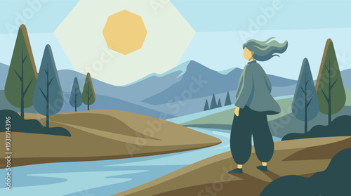 Minimalist landscape with person observing serene nature by river