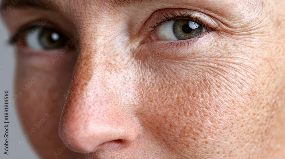Fototapeta premium Close-up portrait of a middle-aged woman with light brown hair, green eyes, and visible freckles, showcasing skin texture and natural beauty against a neutral background
