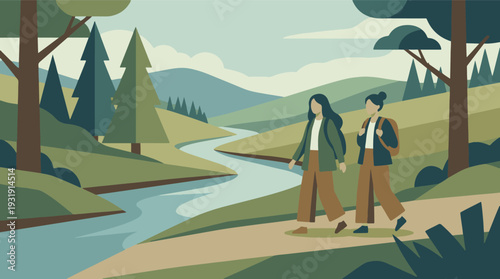 Two women hiking through a serene green landscape with a winding river and trees