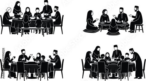Muslim family dining together silhouette collection showing Islamic people sharing meals, conversation and traditional gathering lifestyle isolated illustration set