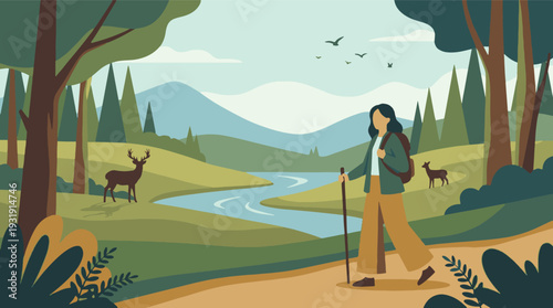 Flat illustration of a woman hiking in a serene forest landscape with deer
