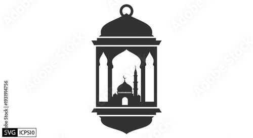 Ramadan Lantern Silhouette with Mosque Inside, Islamic Culture Icon