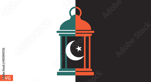 Ramadan lantern with moon and star, Islamic symbol, half black half white background
